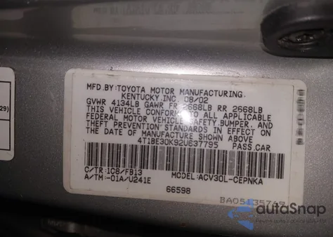 2002 Toyota Camry Le из США, поврежденный, VIN 4T1BE30K92U637795